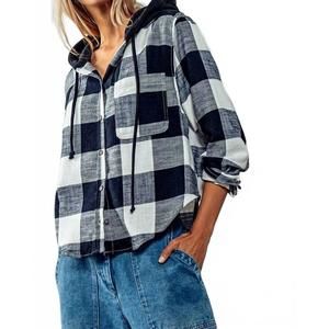 NEW LOVE TREE gingham shacket with hood in black